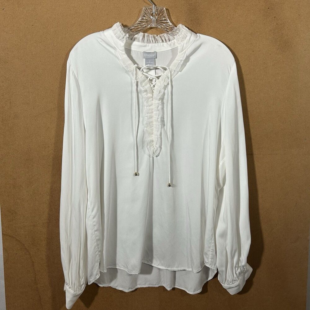 Chico's Ecru Sandwash Satin Ruffle Tie Neck Pullover Blouse Top Sz 2, 12-14, L